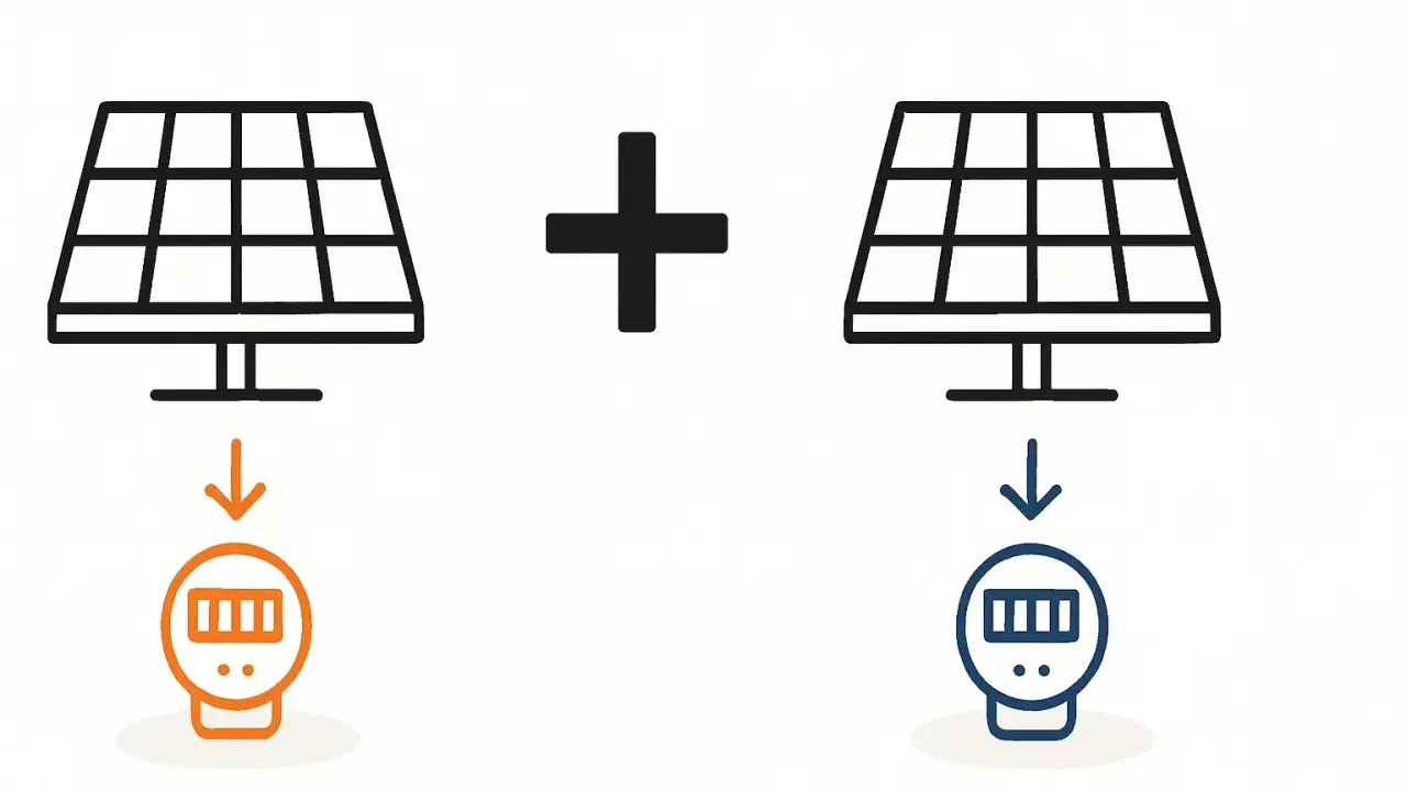 Zwei Solarmodule mit Pfeilen, die auf zwei Stromzähler zeigen. Ein orangefarbener, ein blauer. 15 eeg.