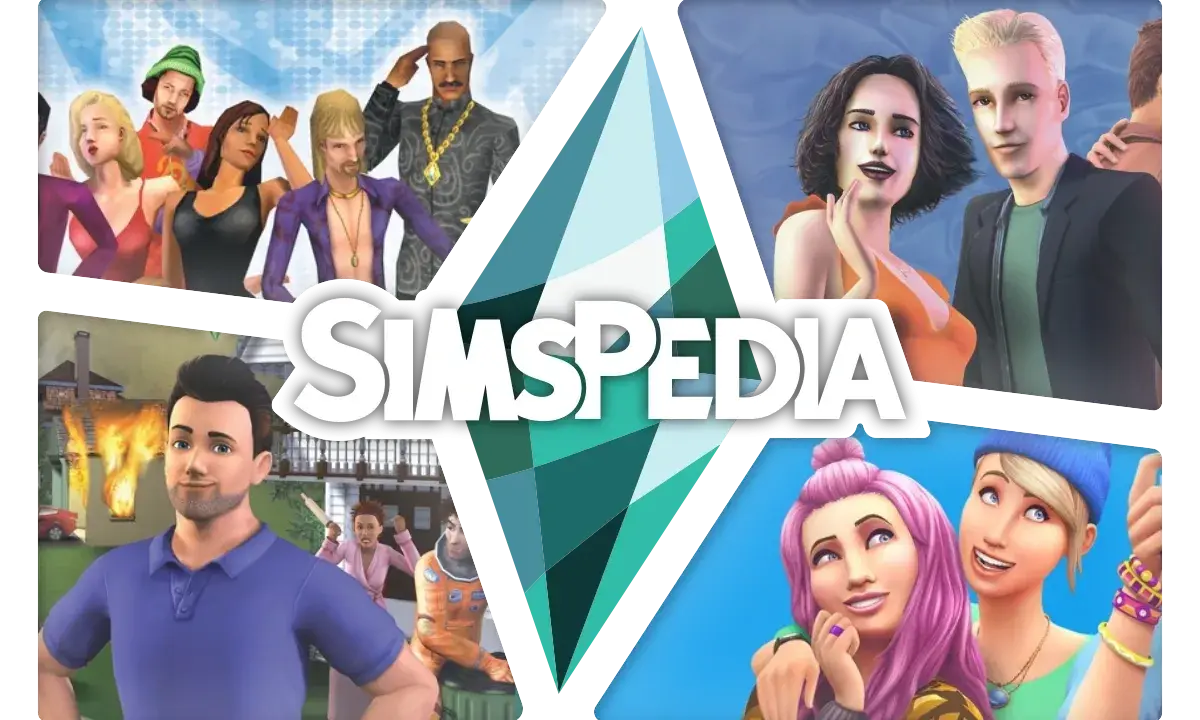 Kolaż postaci z gry The Sims 2, w tym z dodatku Na studiach. W tle logo "SIMSPEDIA".