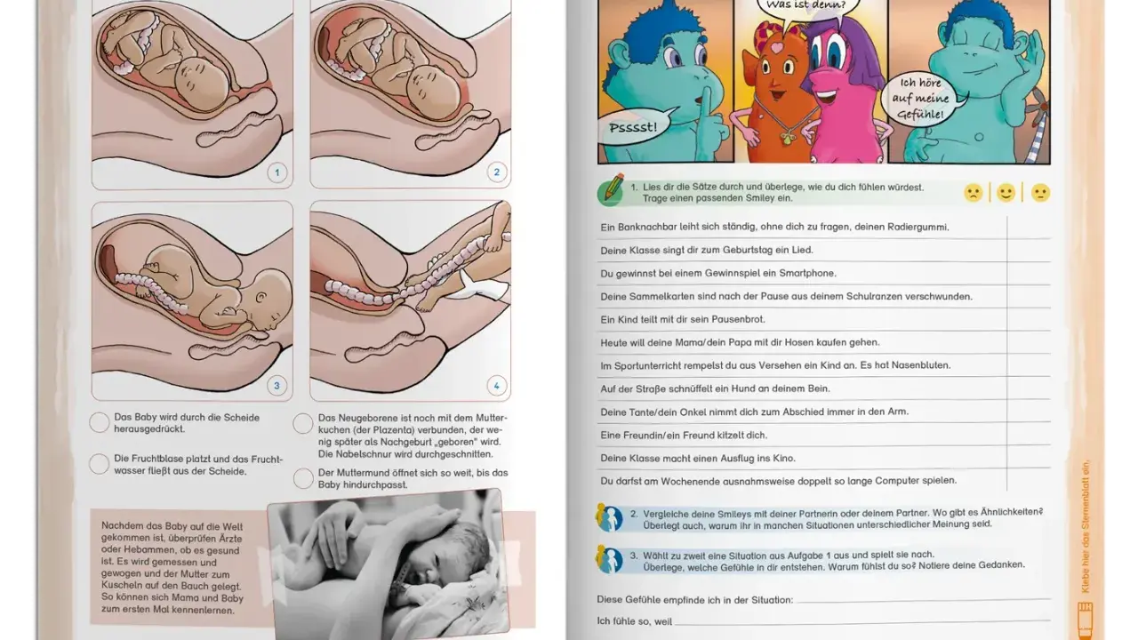 Bilder zeigen die Geburt eines Babys. Ein Kind lernt Gefühle kennen in der sexualkunde klasse 8.
