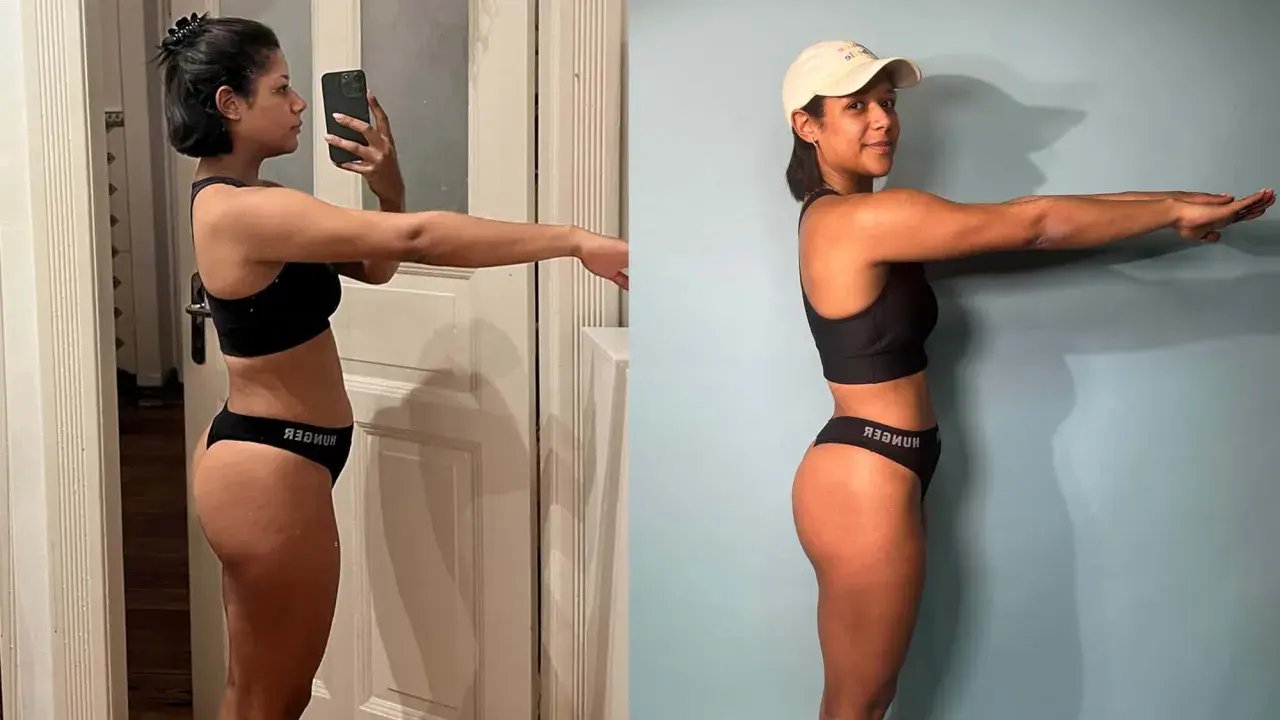 Vorher-nachher-Vergleich einer Frau nach 1 Monat Training. Deutliche Veränderung der Körperform und Muskeldefinition.