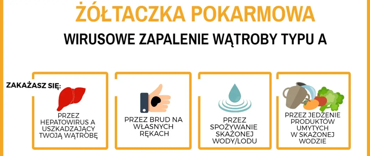 Wirusowe zapalenie wątroby typu A (żółtaczka pokarmowa) przenosi się przez brudne ręce, skażoną wodę/lód i żywność umytą w skażonej wodzie.