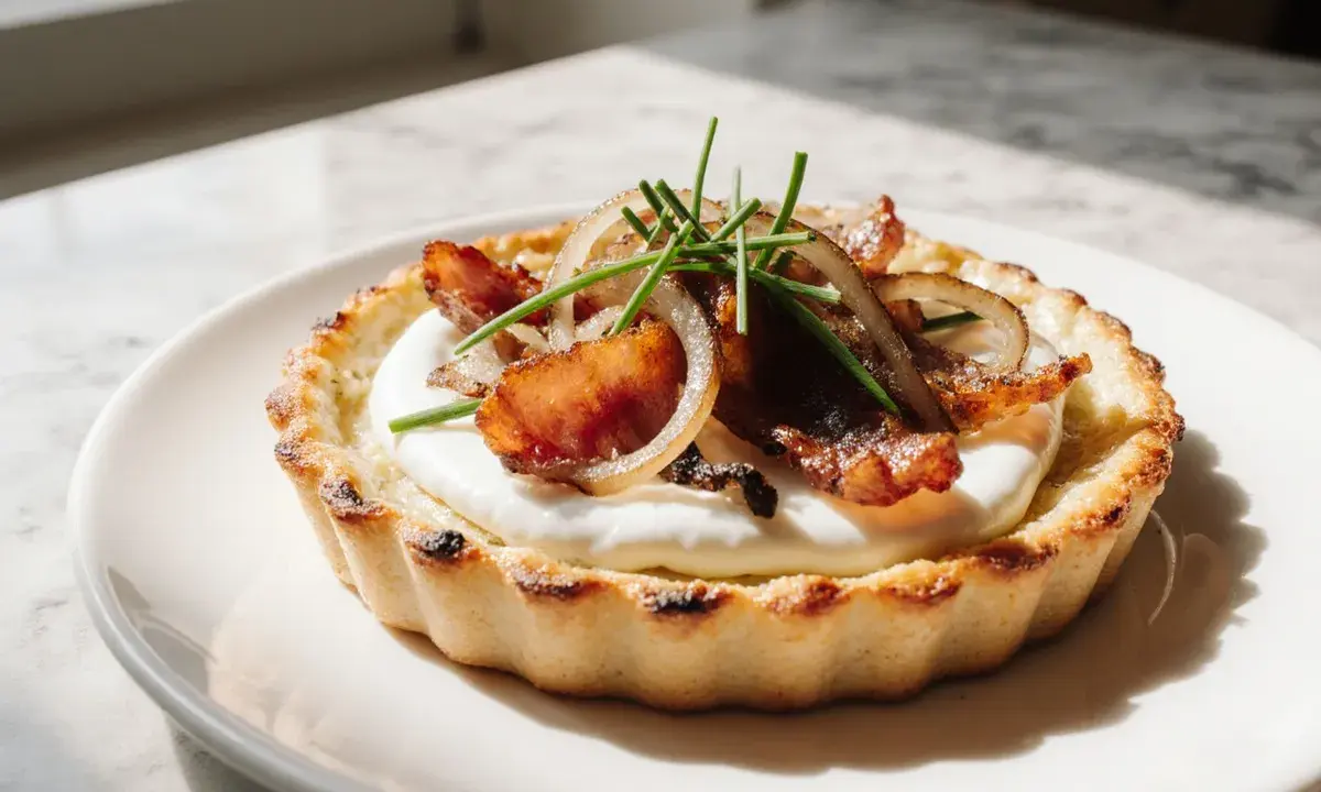 Une flammekueche alsacienne individuelle, garnie de lardons, oignons et ciboulette, sur une crème onctueuse.