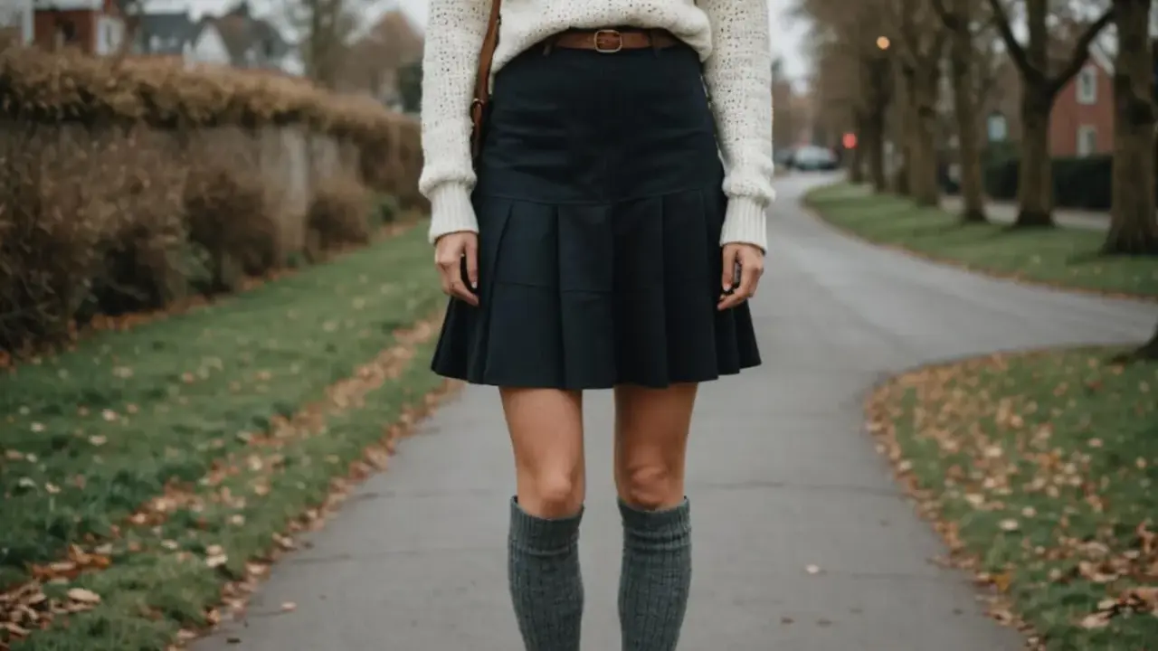 Stylizacja na jesień: jak nosić długie skarpety do spódniczki i swetra.