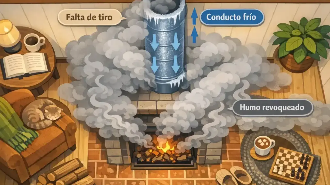 Ilustración de una chimenea que hace humo, con un gato dormido y leña. Muestra cómo arreglar una chimenea que hace humo por falta de tiro.