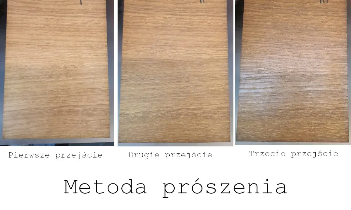 Trzy próbki drewna pokazujące efekt przyciemniania po kolejnych przejściach. Metoda prószęnia.