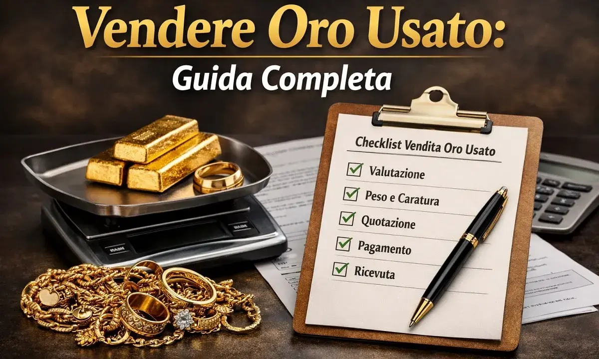 Lingotti d'oro 750, gioielli e una bilancia, con una checklist per la vendita di oro usato.