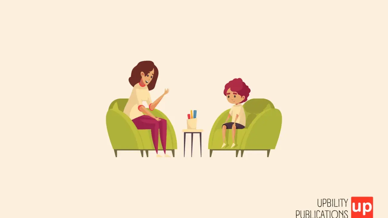 Un bambino parla con una psicologa, un'illustrazione che ricorda un fac simile relazione psicologica bambino.
