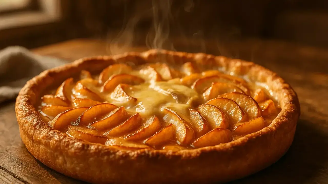 Une délicieuse tarte normande aux pommes, encore fumante, avec sa croûte dorée et ses pommes caramélisées. Un délice !