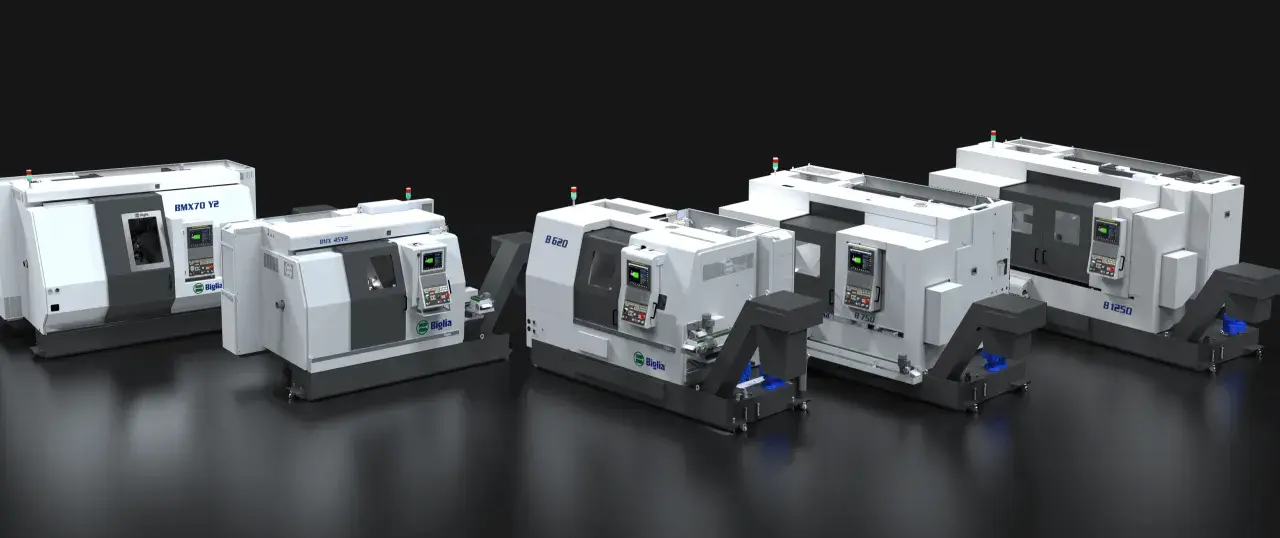 Serie di torni CNC Biglia, modelli BMX70 Y2, B 620, B 750 e B 1250, pronti per la produzione.