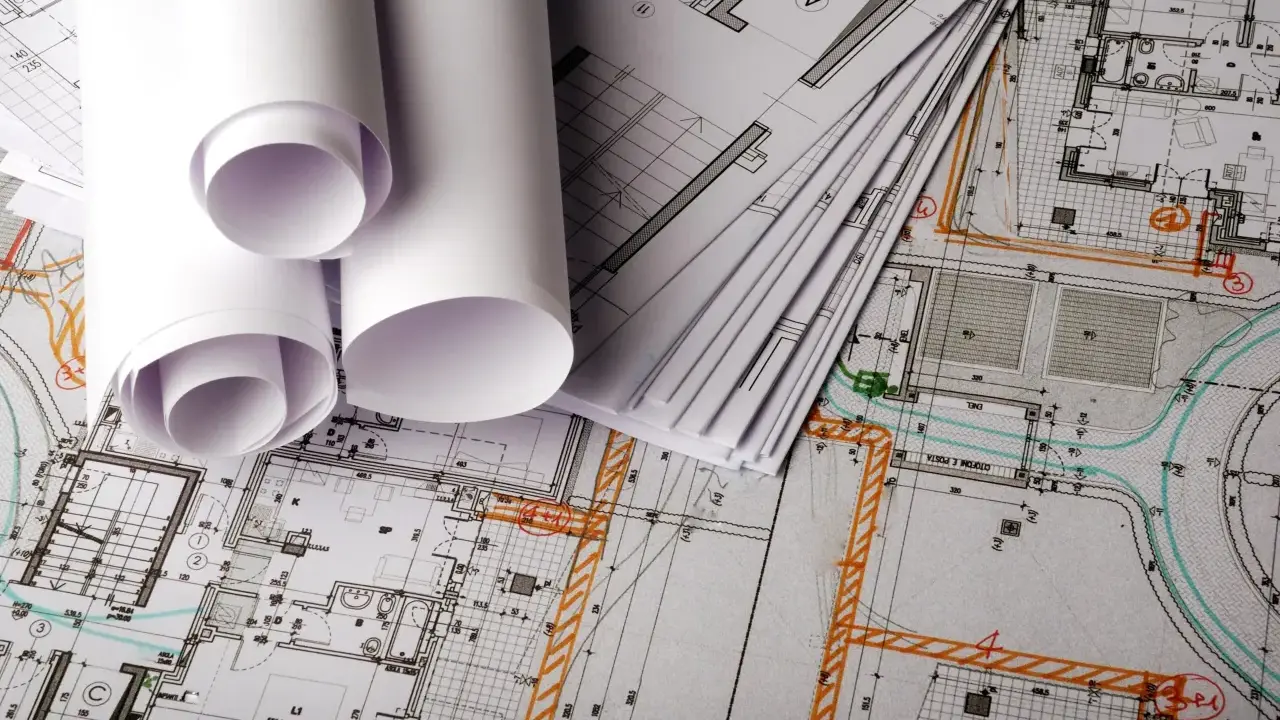 Planos arquitectónicos enrollados y apilados, listos para la construcción.