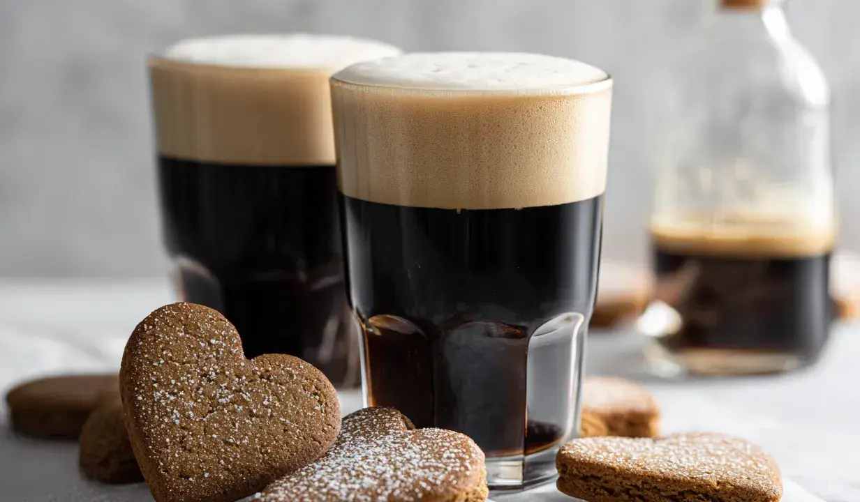 Två glas med mörk kaffedrink med skummande topp, omgivna av hjärtformade pepparkakor.