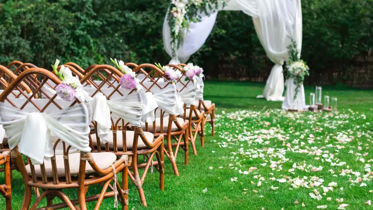 Eleganckie dekoracje na ślub cywilny w plenerze: rzędy krzeseł ozdobionych białymi wstęgami i kwiatami, łuk ślubny z tkaniną i zielenią, ścieżka usypana płatkami róż.