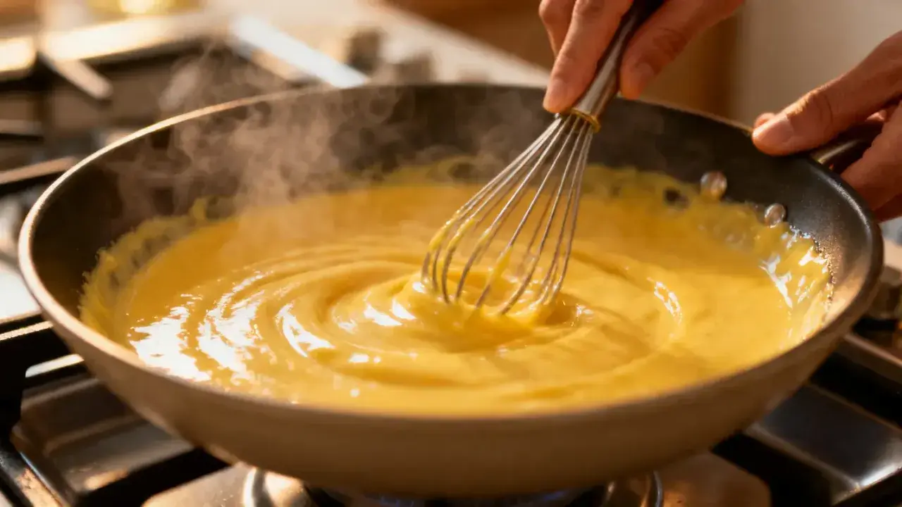Mains d'un cuisinier fouettant une sauce hollandaise crémeuse dans une poêle sur la cuisinière.
