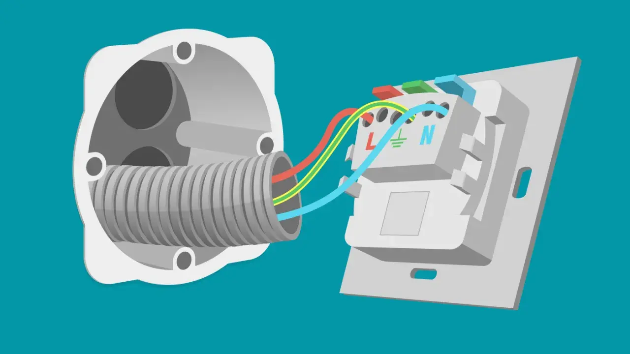 Schéma illustrant comment changer prise électrique : fils colorés connectés à un nouveau mécanisme.