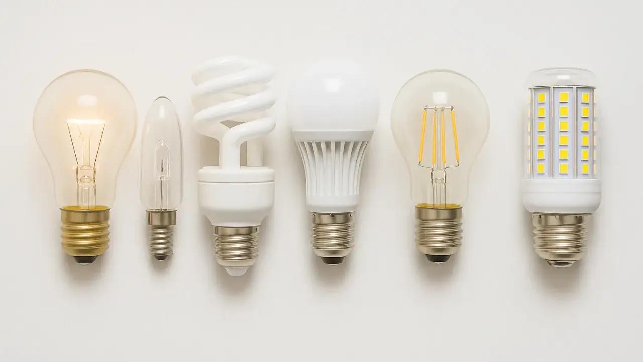 Six ampoules, dont une incandescente allumée, une bougie, une fluocompacte, une LED blanche, une LED filament et une LED maïs. La plupart sont non dimmable, signification : elles ne peuvent pas être variées.