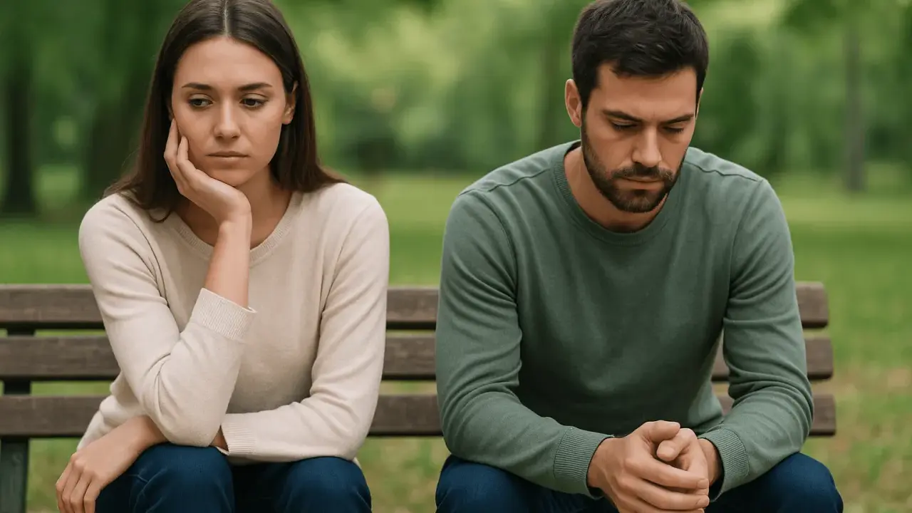 Pareja sentada en un banco, con miradas perdidas. El futuro de su compromiso se siente incierto.