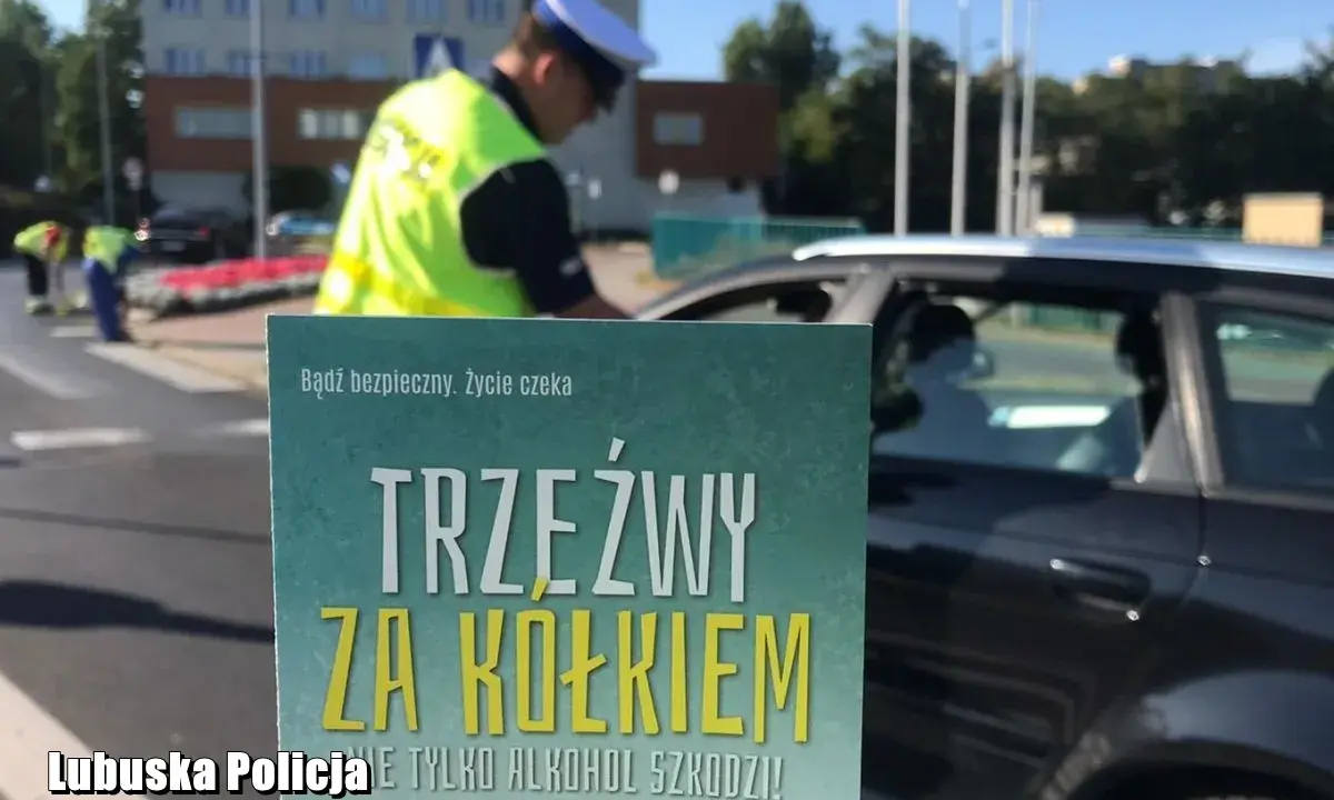 Policjant kontroluje kierowcę. Plakat informuje: "Trzeźwy za kółkiem". Co to znaczy trzeźwy? To bezpieczeństwo na drodze.