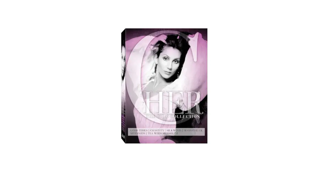 DVD-omslag för "HER The Film Collection" med Cher. Samlingen innehåller filmer som "Good Times" och "Moonstruck".