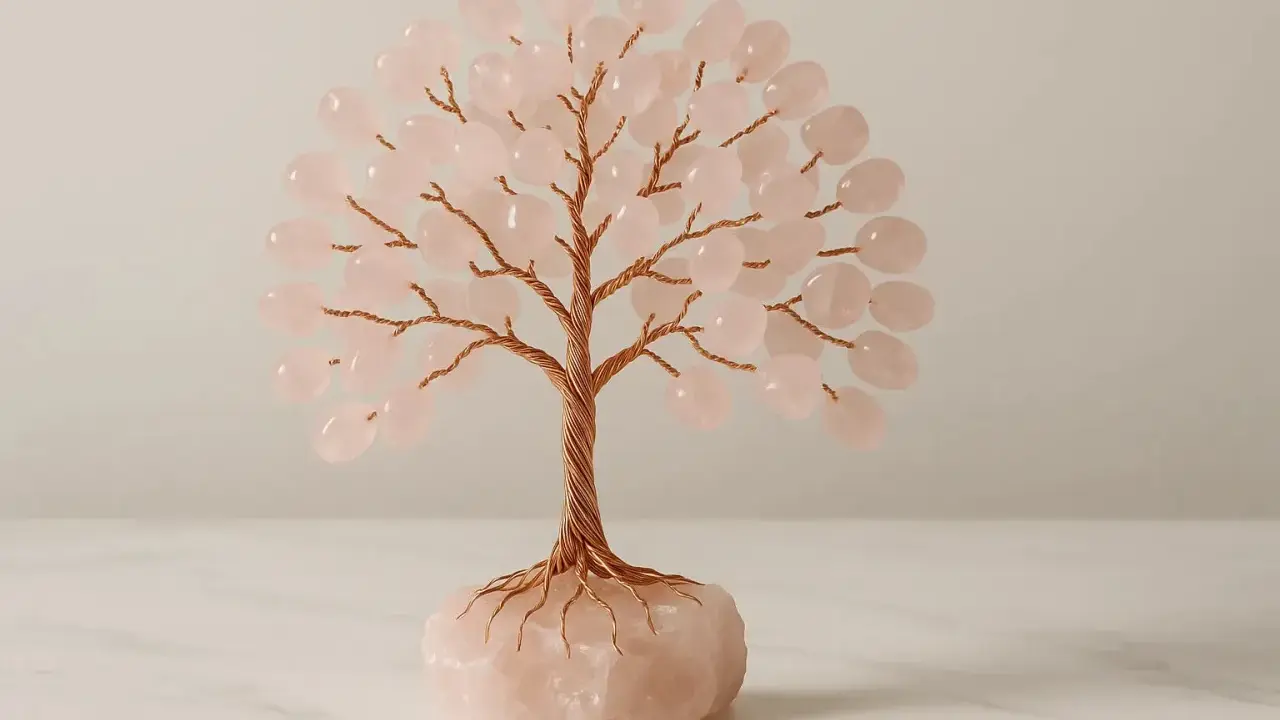 Albero decorativo con tronco e rami in filo di rame, foglie di quarzo rosa. Il quarzo rosa significato esoterico è legato all'amore e alla serenità.