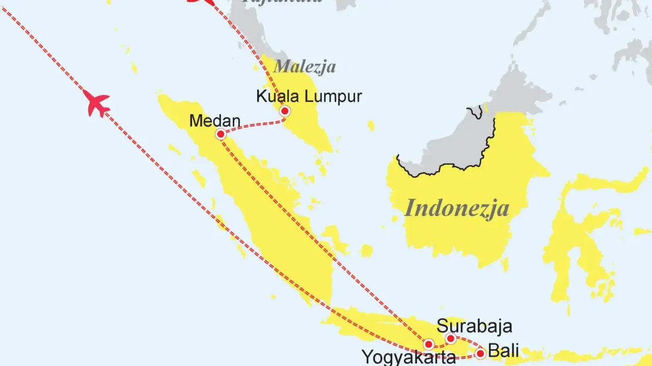 Mapa pokazuje, gdzie leży Malezja, między Tajlandią a Indonezją. Zaznaczono loty do Kuala Lumpur i Medanu.