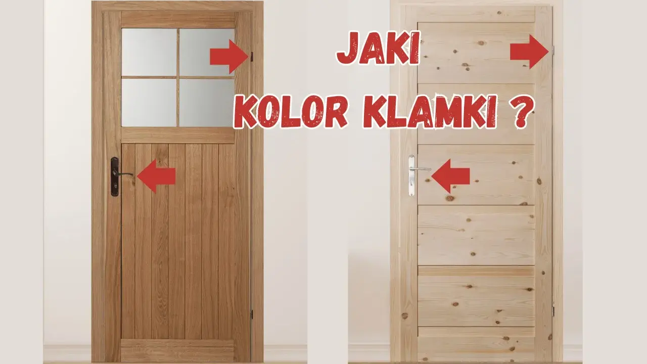 Dwie drewniane drzwi wewnętrzne: ciemniejsze z szybą i jaśniejsze z poziomymi deskami. Czerwone strzałki wskazują na pytanie: "Jaki kolor klamki?".