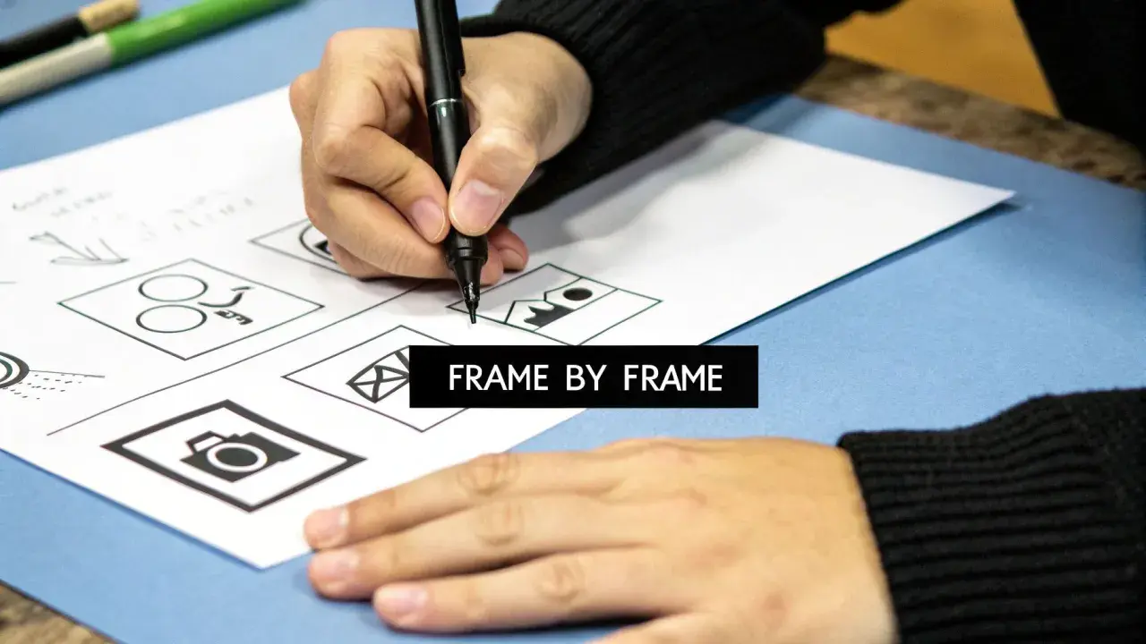 Mano dibujando bocetos de iconos en papel, como una cámara y un sobre. El texto "FRAME BY FRAME" aparece en un recuadro negro.