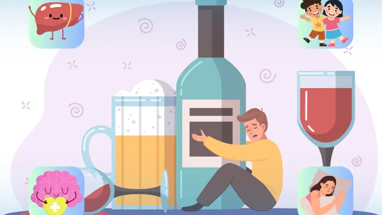 Smutny mężczyzna obok butelki alkoholu, piwa i kieliszka wina. Czy alkohol podnosi ciśnienie? Wizerunki wątroby, mózgu, śpiącej kobiety i dzieci.
