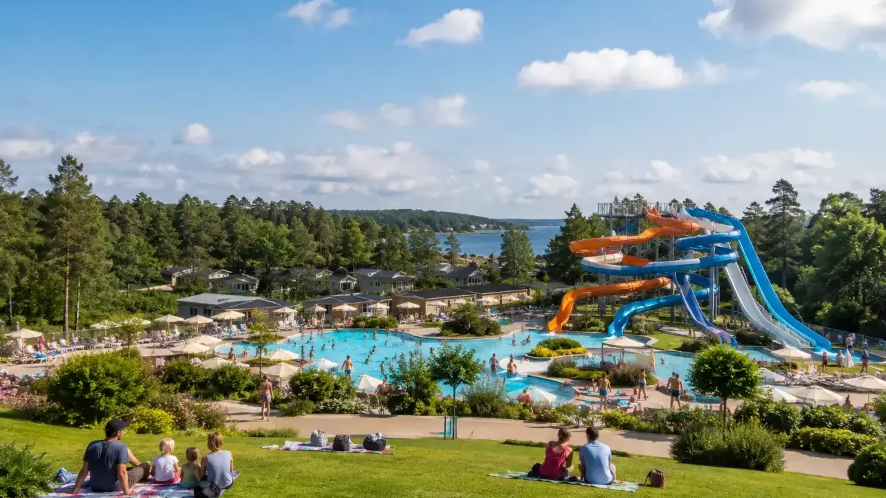 Familj njuter av en solig dag vid ett vattenland med rutschkanor och pooler, en idyllisk semester i norra Sverige.