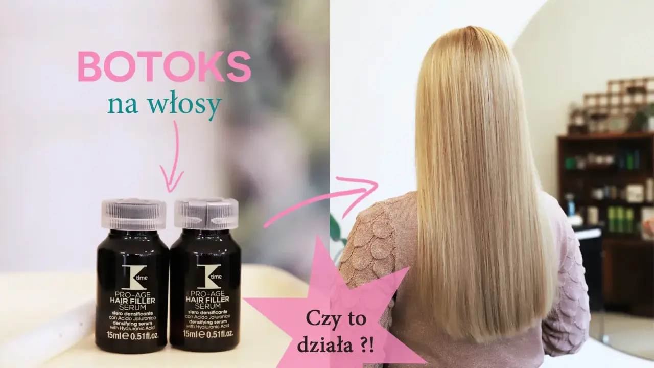 Dwie buteleczki serum do włosów i blond włosy z napisem "Czy to działa?!".