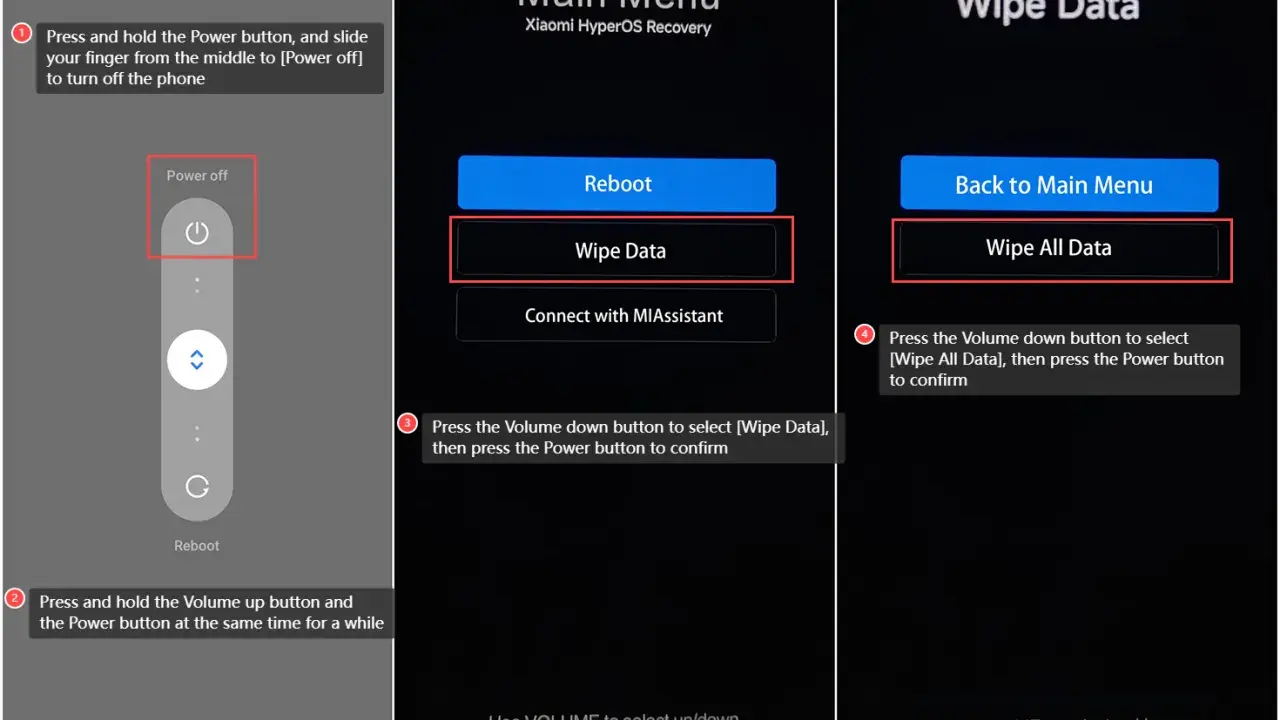 Instrukcja jak zresetować telefon Xiaomi: wyłącz, wejdź w recovery, wybierz "Wipe Data", a potem "Wipe All Data".