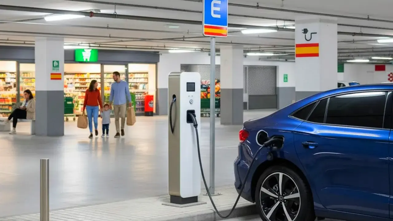 Familia comprando mientras su coche eléctrico se carga en puntos de recarga coches eléctricos en España gratis.
