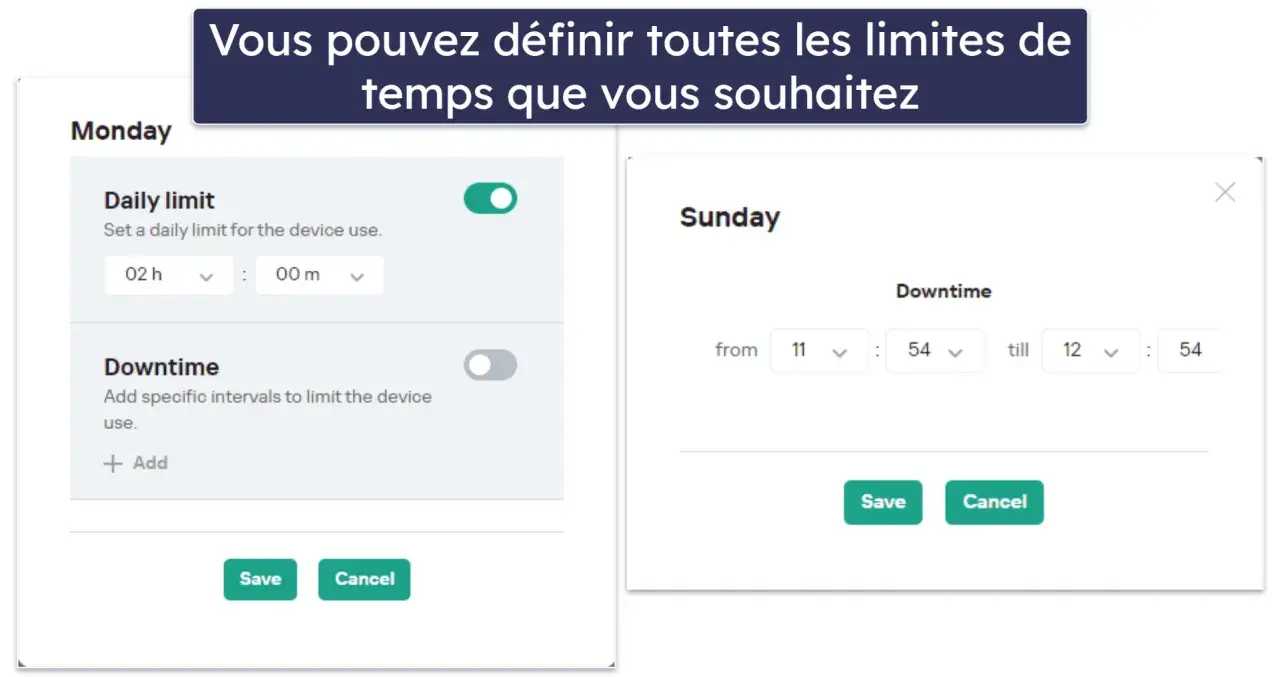 Interface de contrôle parental PC pour définir des limites d'utilisation quotidiennes et des plages horaires de temps d'arrêt.