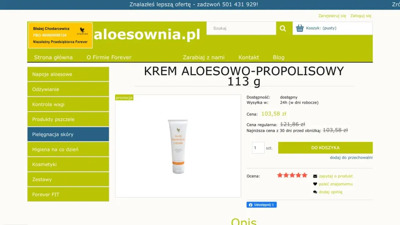 Krem Aloesowo-Propolisowy 113g, idealny do pielęgnacji skóry, dostępny w promocji.