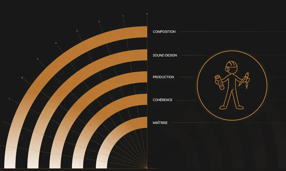 Graphique illustrant les étapes de compositions musicales : composition, sound design, production, cohérence, maîtrise. Un personnage stylisé tient des outils de création.