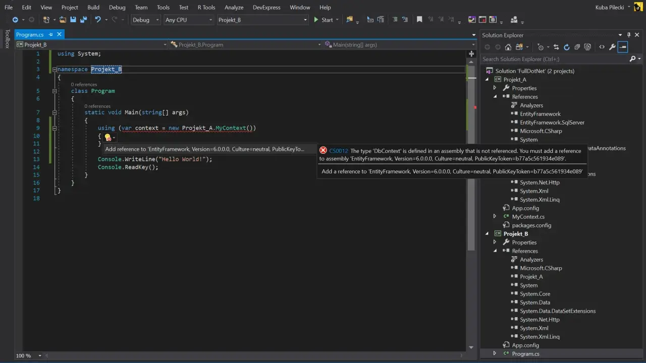 Błąd kompilacji CS0012 w C# podczas próby odczytu XML. Brak referencji do EntityFramework.