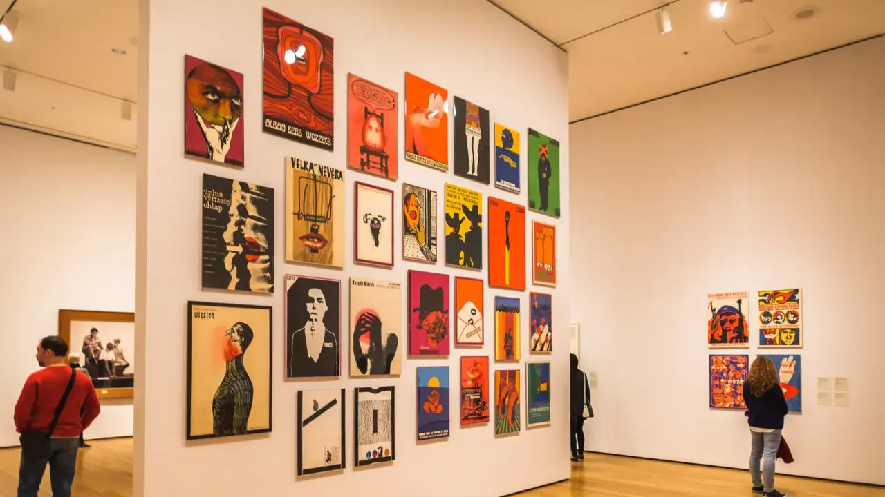 Vibrant posters adorn a gallery wall, showcasing diverse graphic design. This exhibition highlights some of the best art cities in the US.