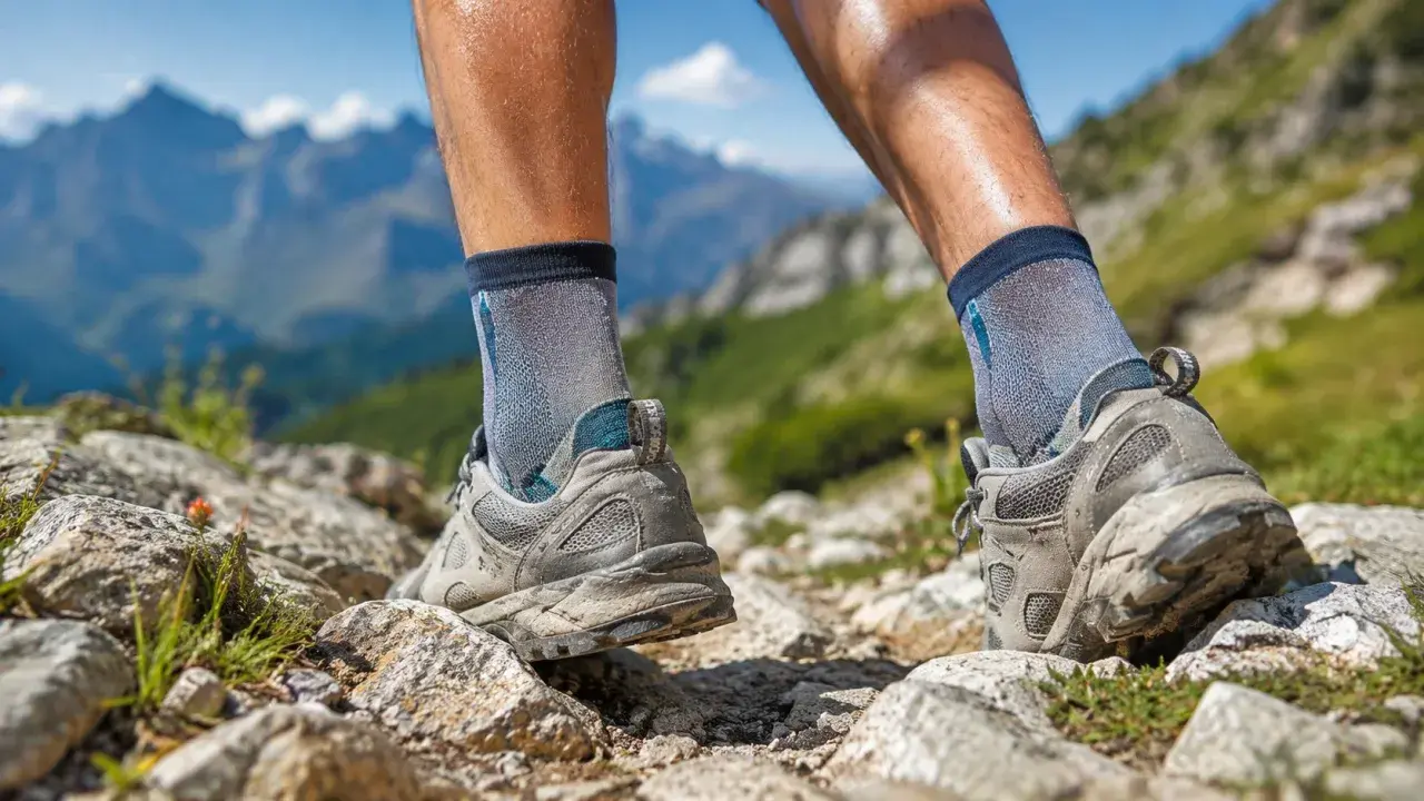 Nogi w butach trekkingowych na lato, pokonujące kamienisty szlak w górach. Idealne, by cieszyć się wędrówką.
