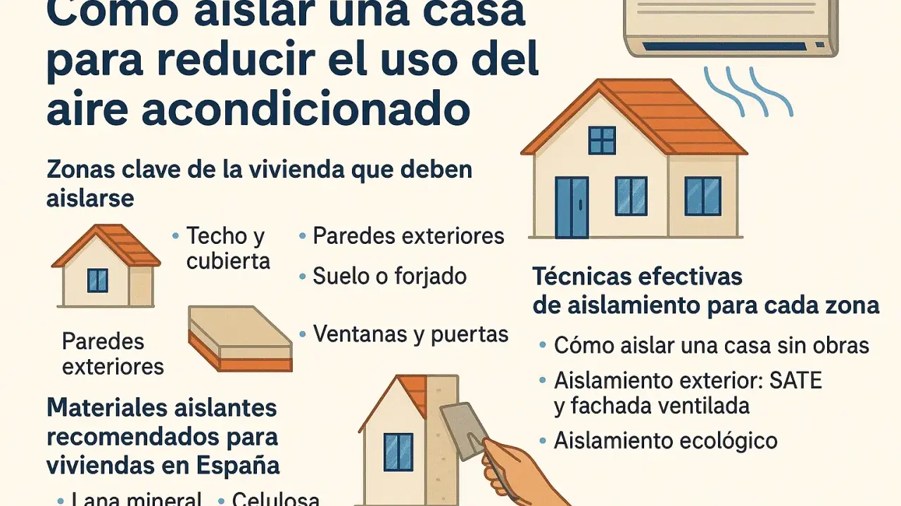 Guía para aislar tu casa y reducir el uso del aire acondicionado. Explica zonas clave, materiales y técnicas efectivas, incluyendo la permeabilidad al aire en clases de aislamiento.