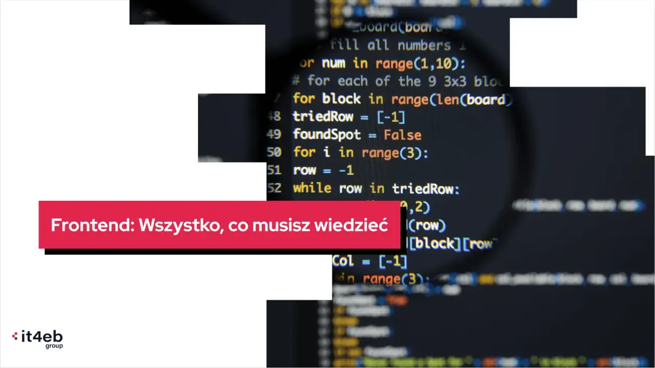 Kod źródłowy z powiększeniem, tekst "Frontend: Wszystko, co musisz wiedzieć" i logo it4eb.