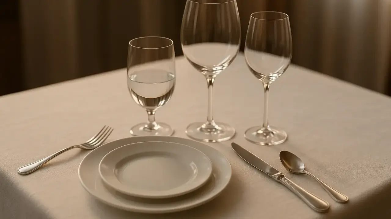 Un verre à eau, deux verres à vin vides, assiettes, couverts et une serviette sur une table dressée.