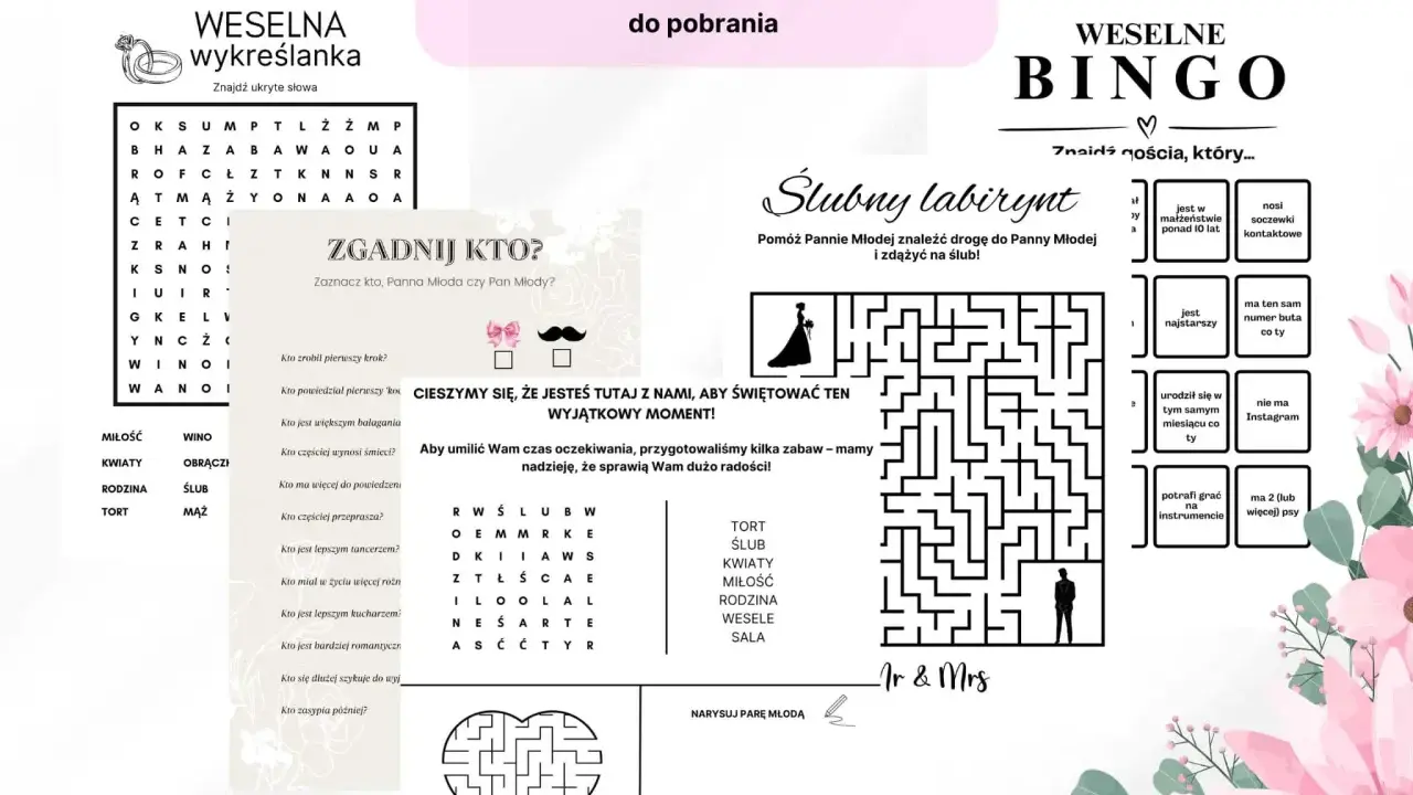 Gry weselne: wykreślanka, bingo, labirynt i pytania dla gości o parze młodej.