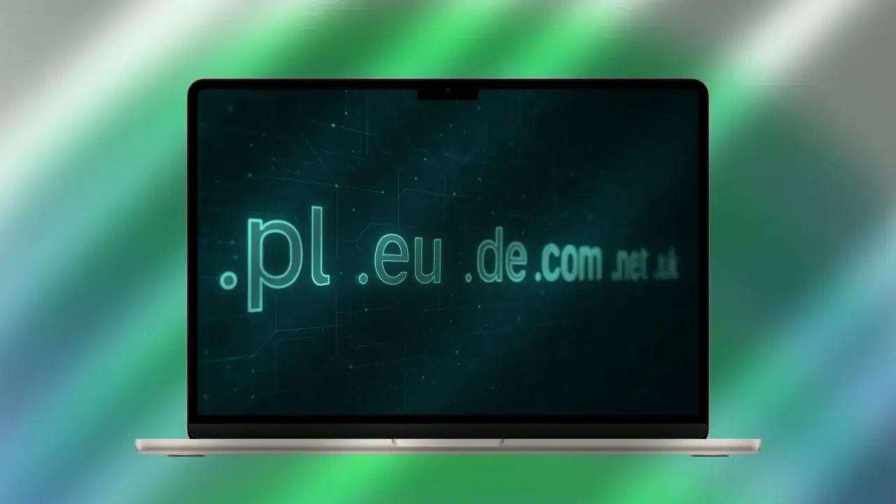 Laptop z wyświetlonymi domenami internetowymi: .pl, .eu, .de, .com, .net, .uk.