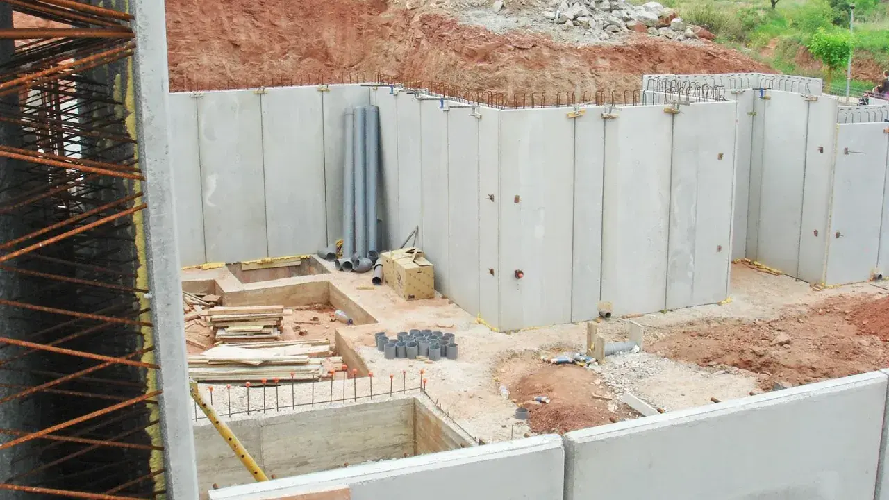 Construcción de un muro de contención con paneles prefabricados de hormigón. Se observan tuberías y materiales de construcción en el sitio.