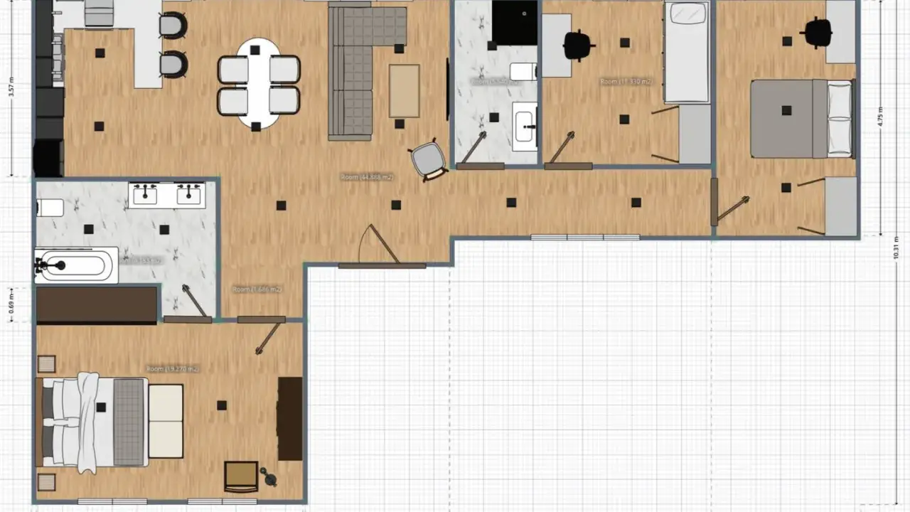 Plano de distribución de una casa con cocina, salón, baño, y tres habitaciones. Ideal para aprender como hacer un plano de mi casa.