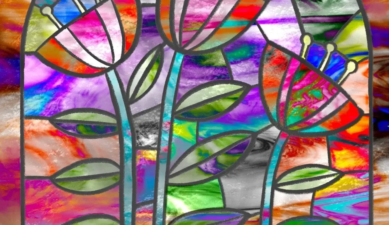 Un vitrail moderne dessin aux couleurs vives, représentant des fleurs stylisées aux formes organiques.