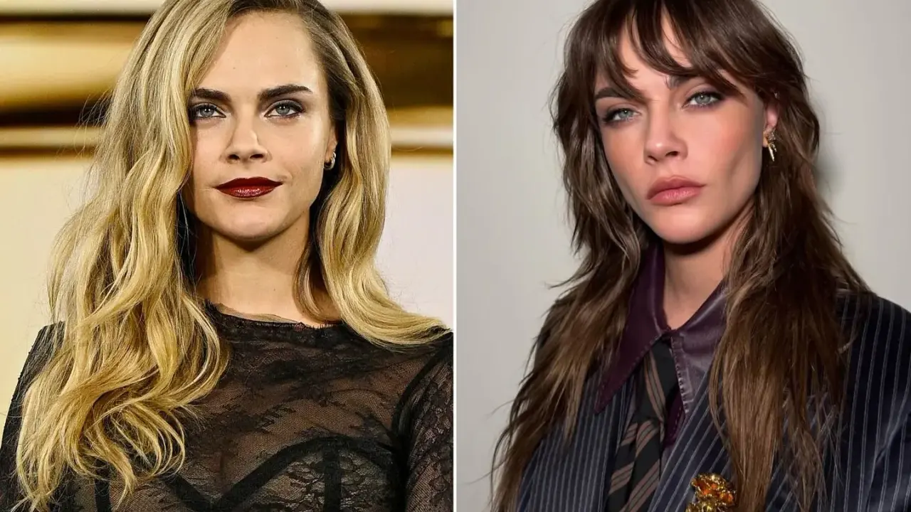 Cara Delevingne con cabello rubio y labios oscuros, y Cara Delevingne con cabello castaño y traje a rayas.