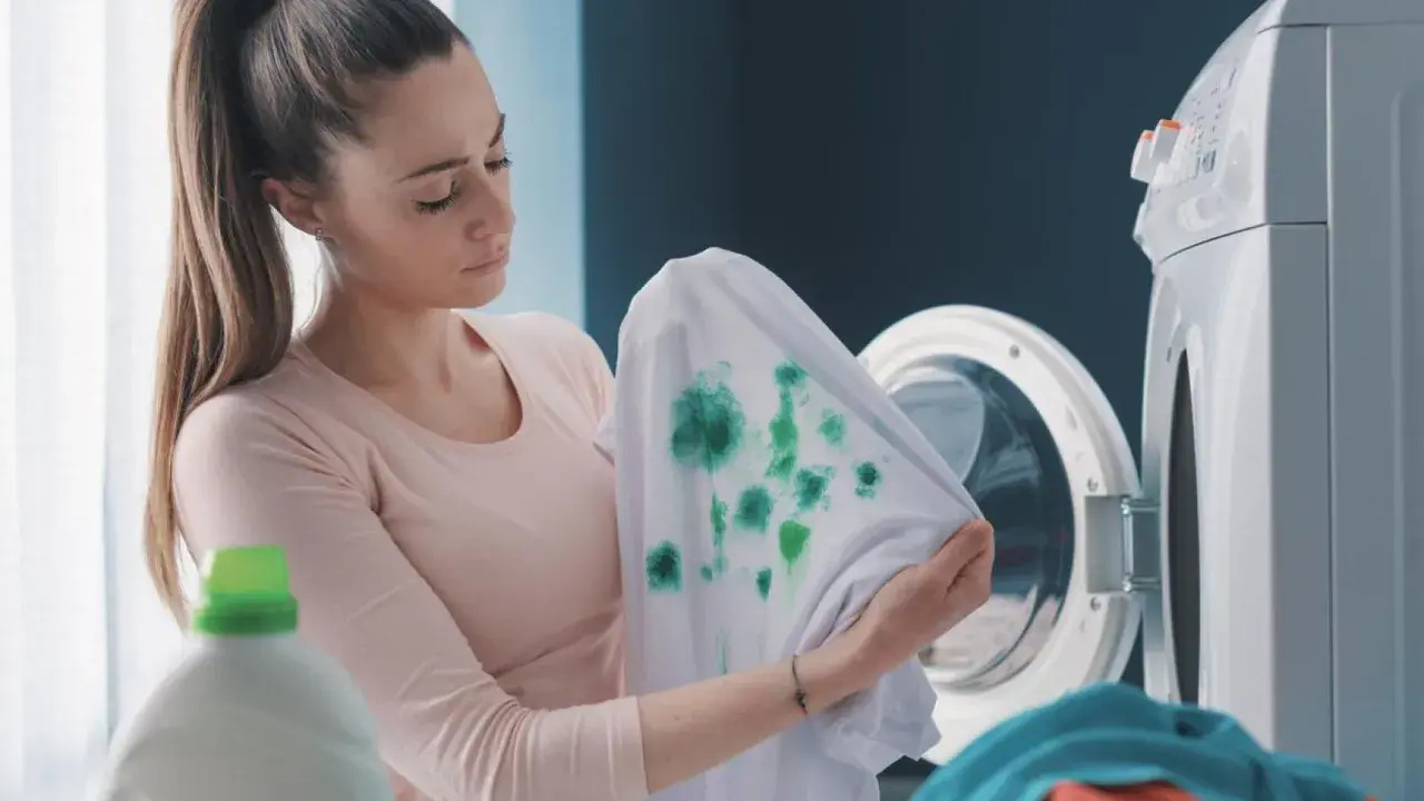 Mujer decepcionada revisa ropa blanca desteñida de azul, con manchas verdes, junto a una lavadora.