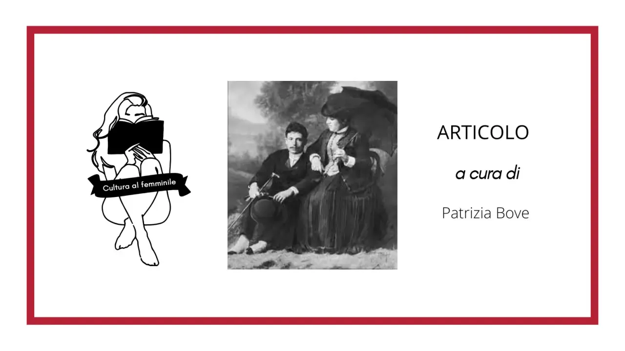 Ritratto di Matilde Serao e un uomo, con un'illustrazione di una donna che legge e la scritta "Cultura al femminile".