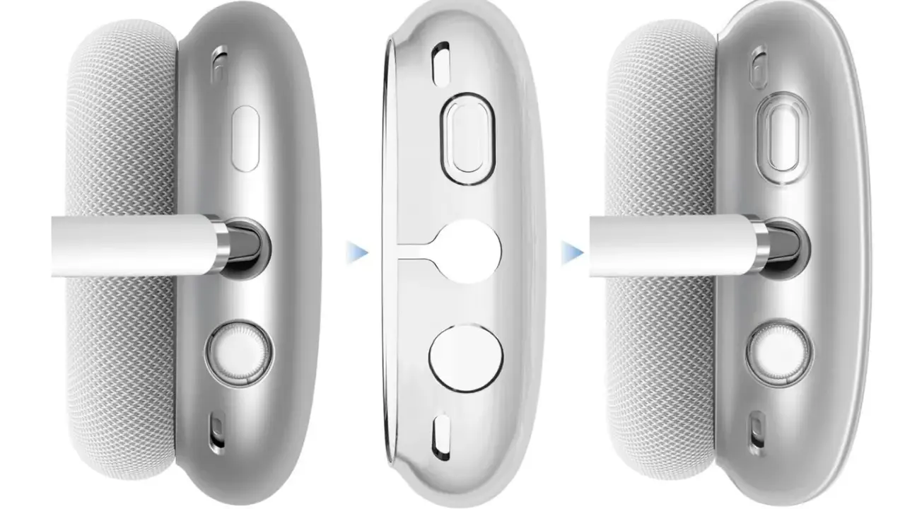 Przezroczyste etui na słuchawki AirPods Max, pokazujące, jak chroni przyciski i port.
