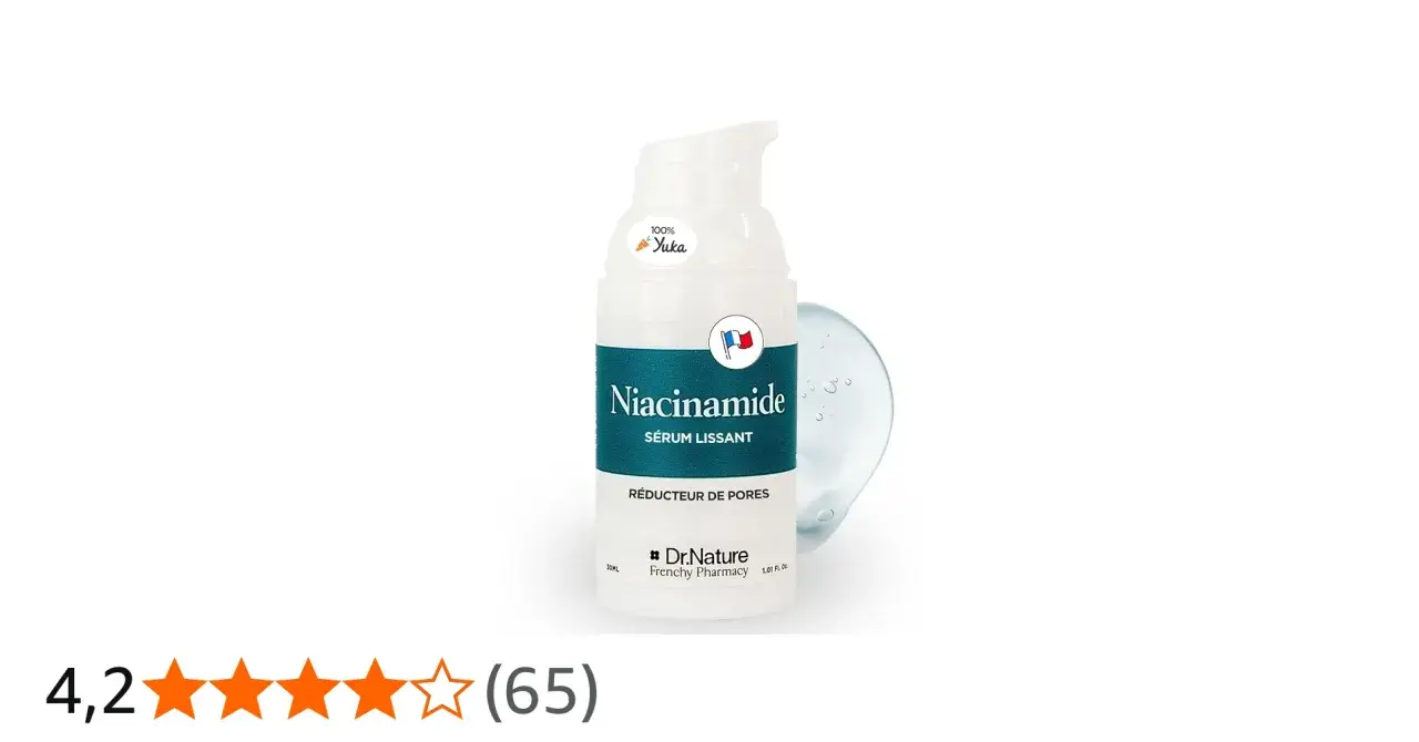Sérum lissant Dr.Nature à la niacinamide, idéal pour réduire l'apparence des pores. Une formule 100% Yuka pour une peau lisse.